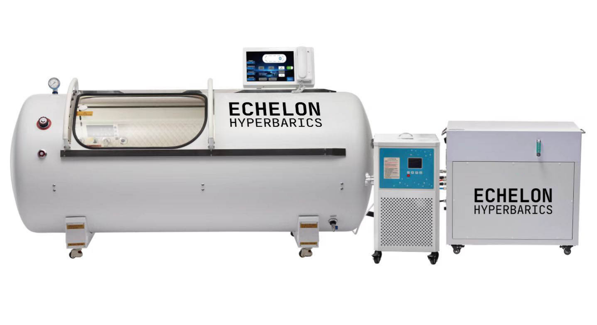 Cirrus HP2202 hyperbaric chamber with touchscreen panel and external operation cabinets