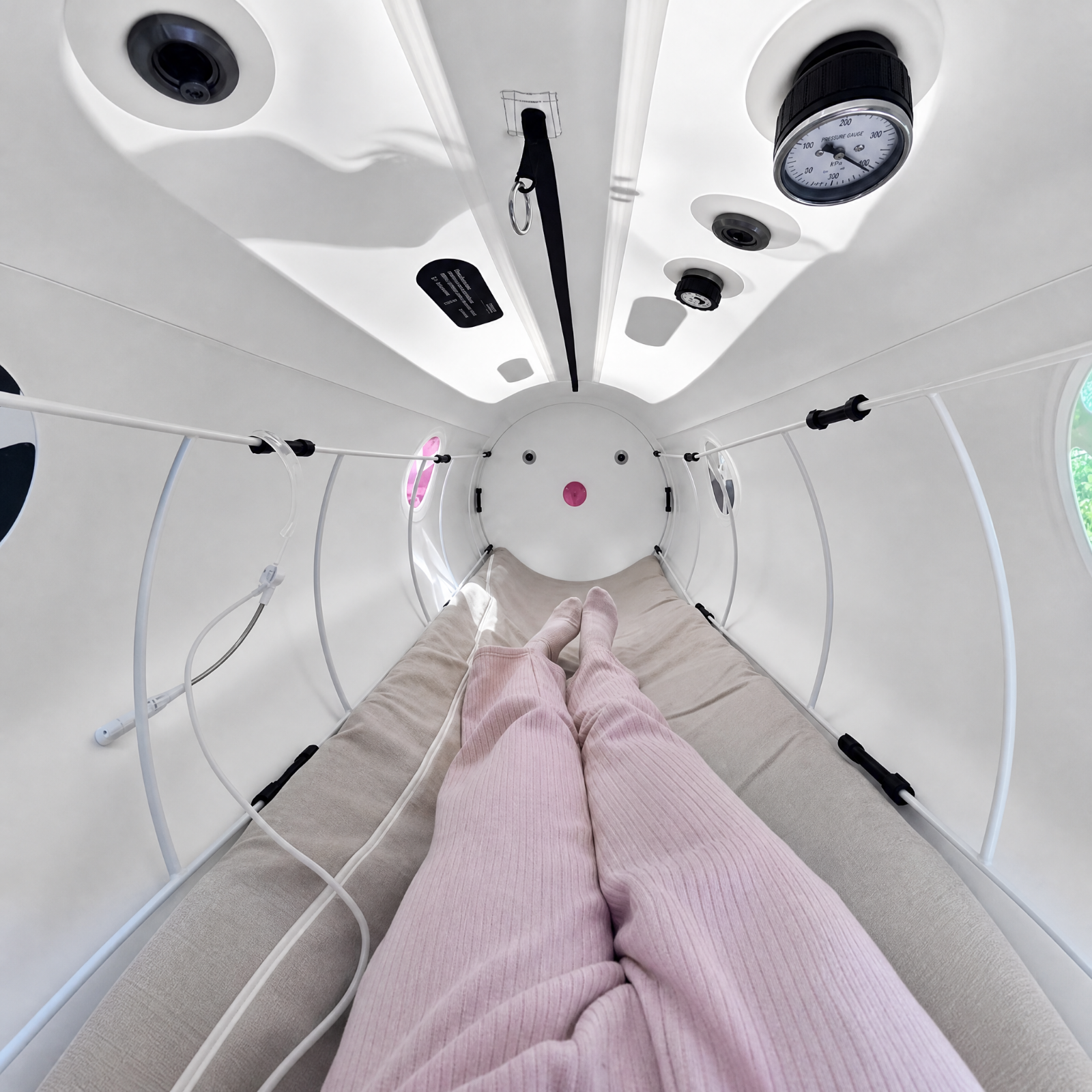 Inside Solace, looking out — pressure gauge, viewing windows, memory-foam mattress